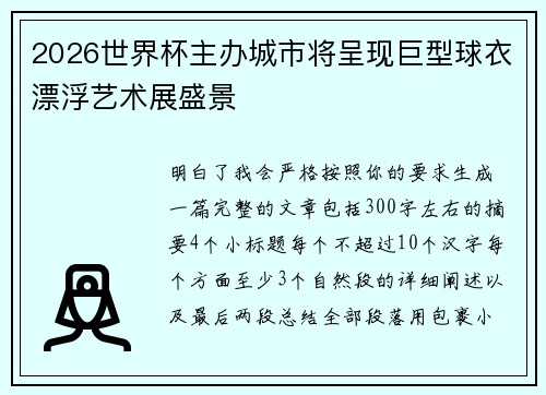 2026世界杯主办城市将呈现巨型球衣漂浮艺术展盛景 2026世界杯主办城市将呈现巨型球衣漂浮艺术展盛景